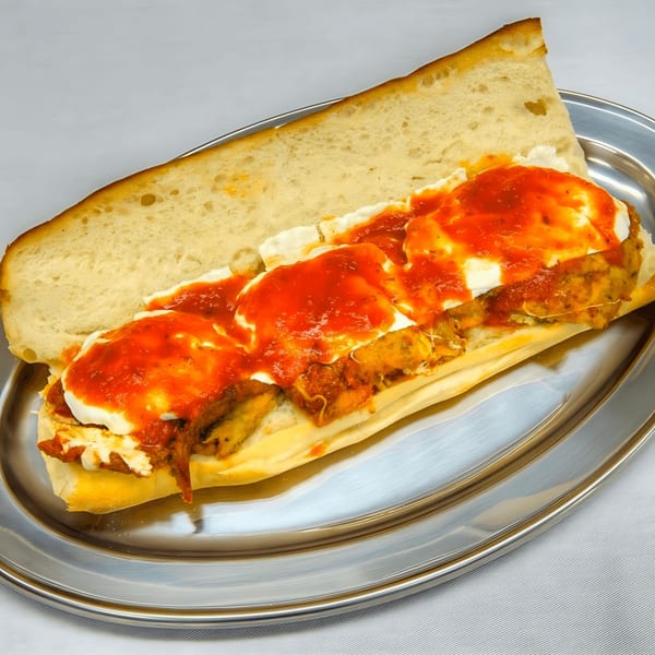 A John's Deli meatball sub, topped with marinara sauce and melted mozzarella cheese, on a silver platter.
