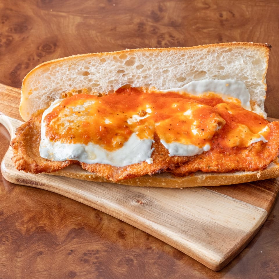 John's Deli chicken parmesan hero, with crispy chicken, melted mozzarella, and marinara sauce.