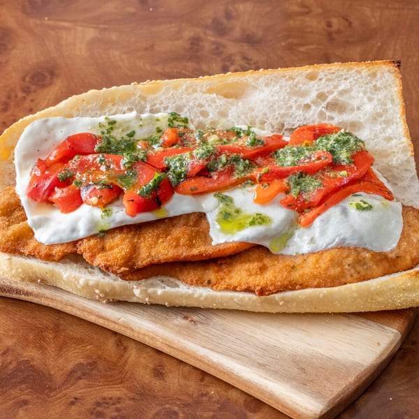 John's Deli chicken cutlet sandwich with fresh mozzarella, roasted red peppers, and pesto.