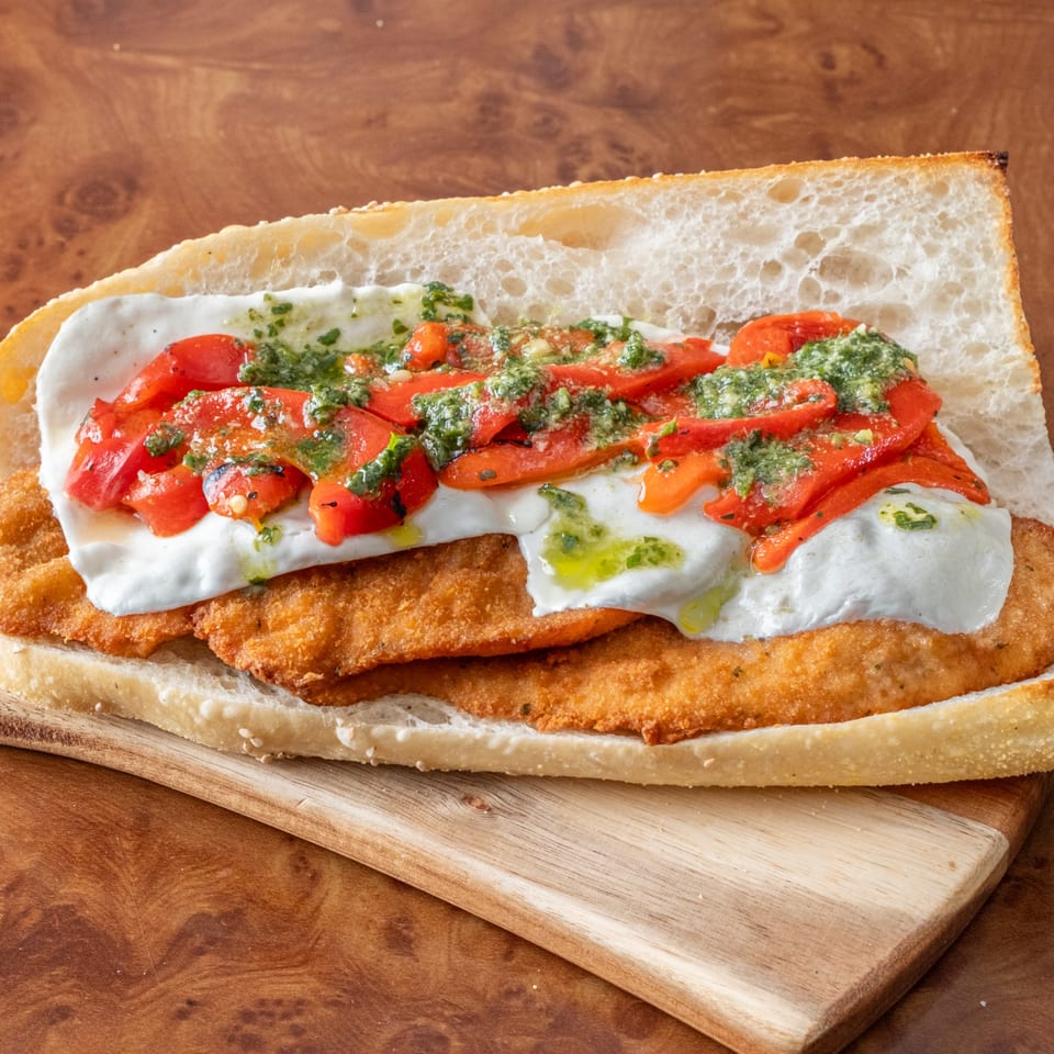 John's Deli chicken cutlet sandwich with fresh mozzarella, roasted red peppers, and pesto.
