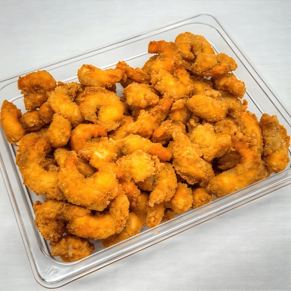 A clear plastic container filled with golden-brown, crispy fried shrimp from John's Deli.