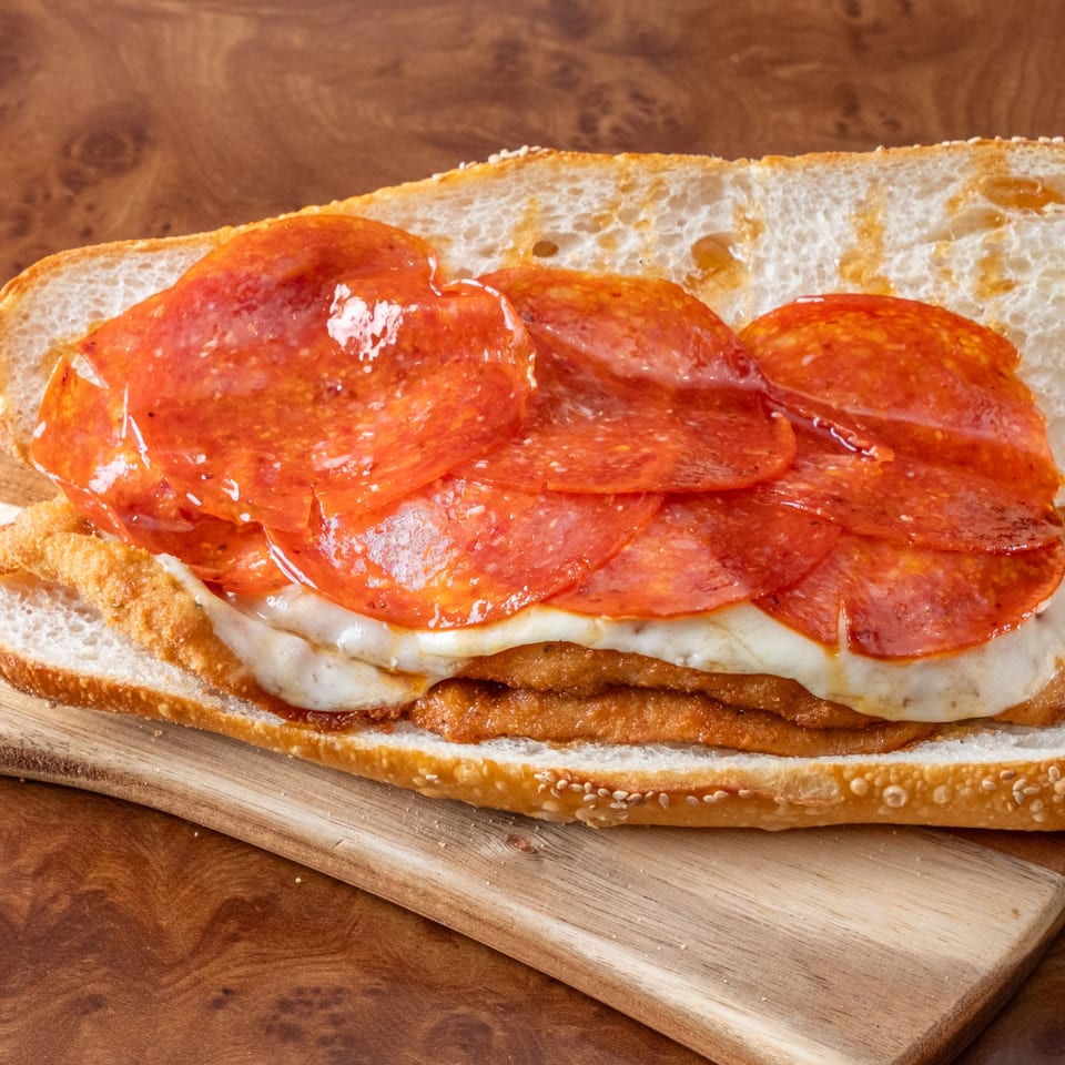 A John's Deli pepperoni and cheese sandwich on a wooden cutting board.