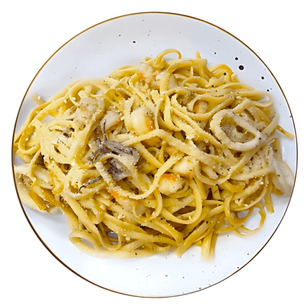 A plate of John's Deli pasta with seafood, cheese, and pepper.